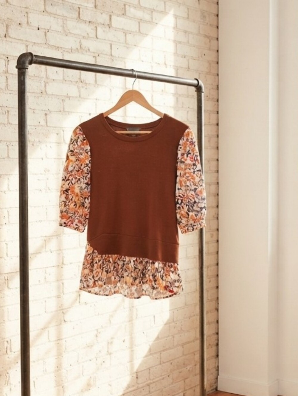Anthropologie Brown Knit Top with Floral Puff Sleeves